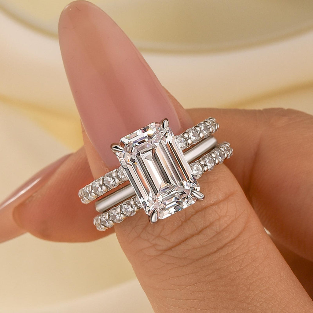 3PC 5.0Ct Emerald Cut Wedding Ring Set With 2PC Open Wedding Bands