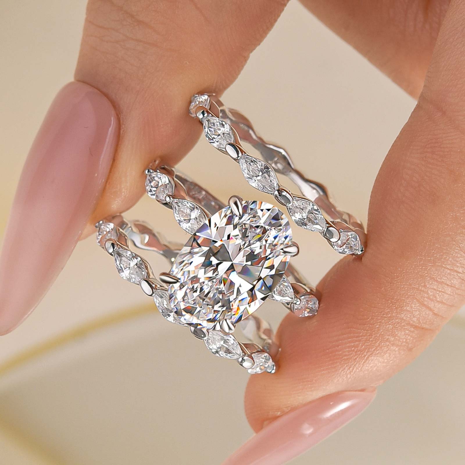 3PC Wedding Ring Set 4.5Ct Oval Cut Engagement Ring With Marquise Cut Full Wedding Band