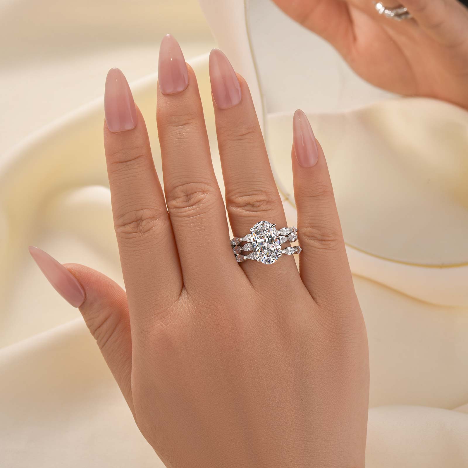 3PC Wedding Ring Set 4.5Ct Oval Cut Engagement Ring With Marquise Cut Full Wedding Band