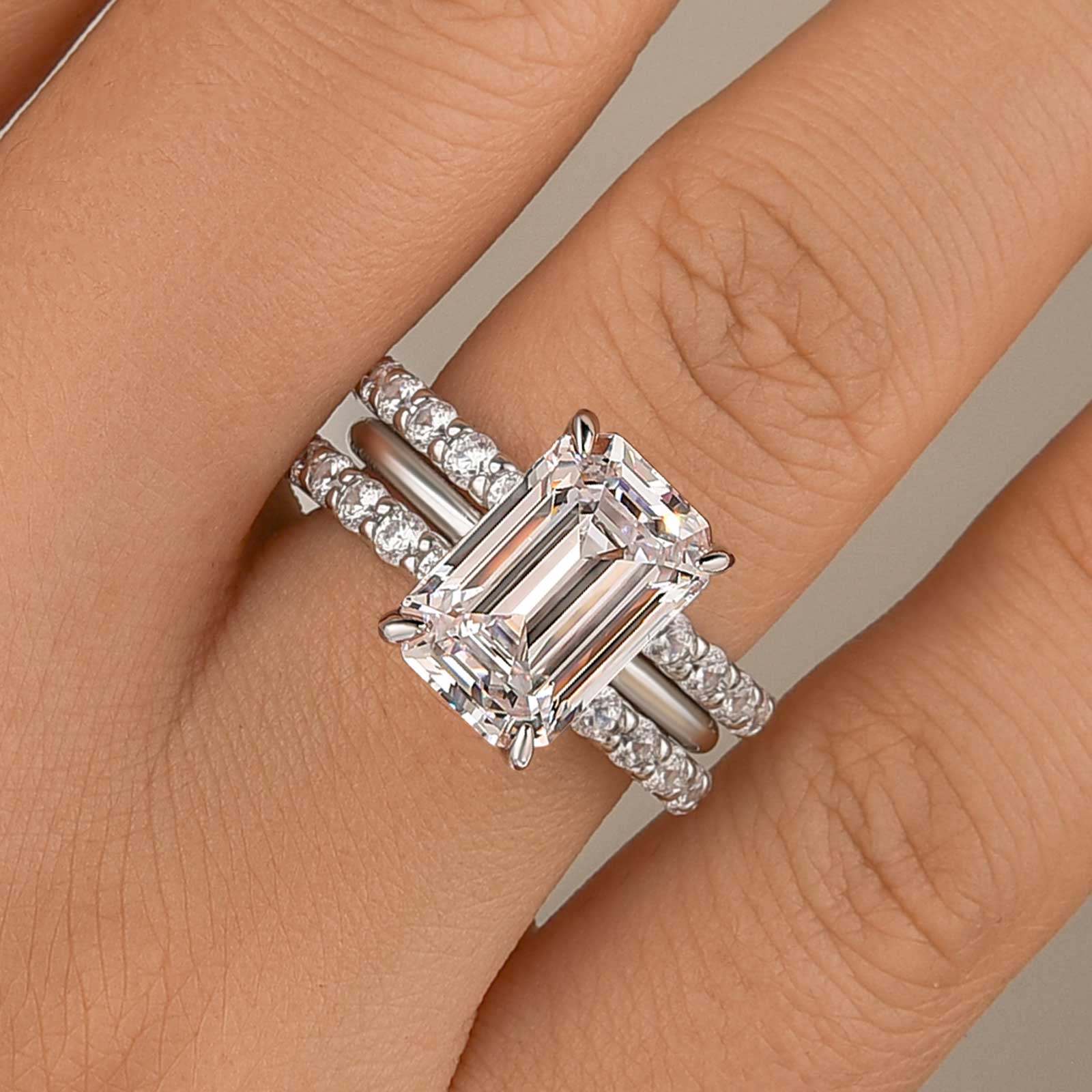 3PC 5.0Ct Emerald Cut Wedding Ring Set With 2PC Open Wedding Bands