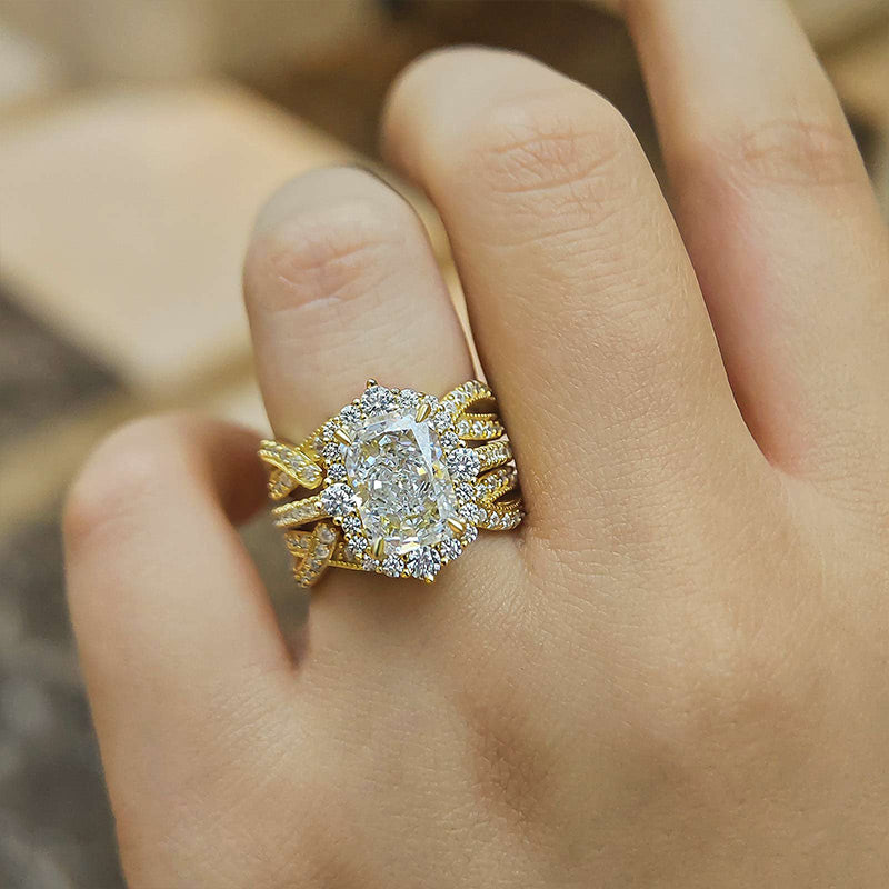 Vintage 3.5 Carat Halo Radiant Cut Insert Wedding Ring Set Travel Ring For Women In Sterling Silver