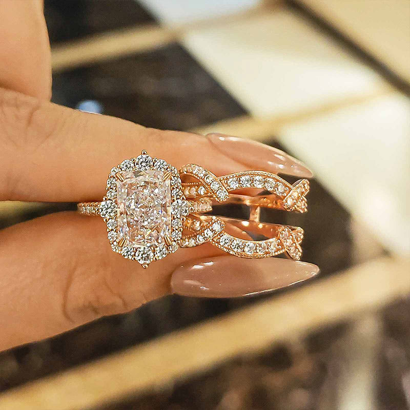 Vintage 3.5 Carat Halo Radiant Cut Insert Wedding Ring Set Travel Ring For Women In Sterling Silver