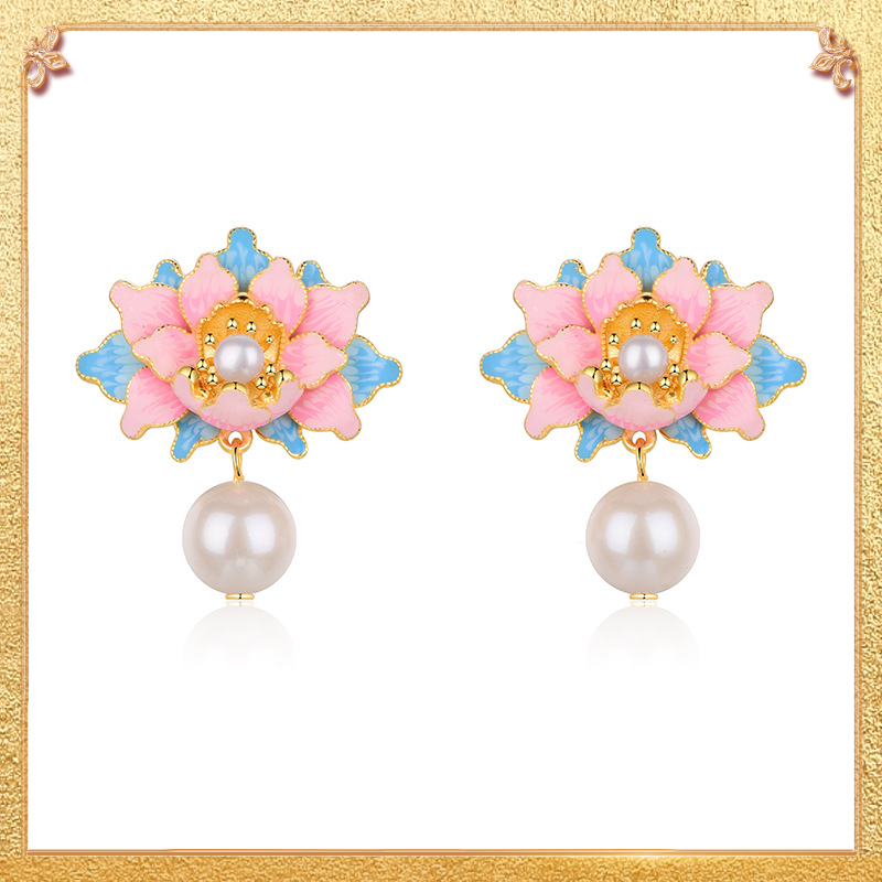 Enamel Peony - shaped Pearl Earrings
