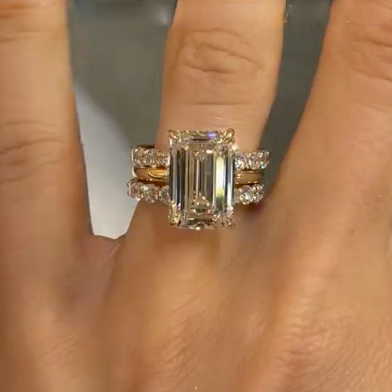 3PC 5.0Ct Emerald Cut Wedding Ring Set With 2PC Open Wedding Bands