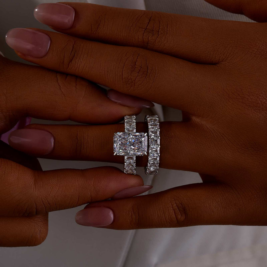 2PC Wedding Set Luxe 5.0Ct/3.5Ct Luxe Radiant Cut Engagement Ring With Radiant Cut Wedding Band