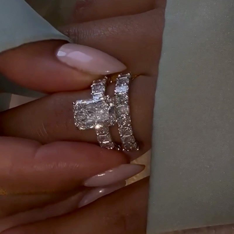 2PC Wedding Set Luxe 5.0Ct/3.5Ct Luxe Radiant Cut Engagement Ring With Radiant Cut Wedding Band