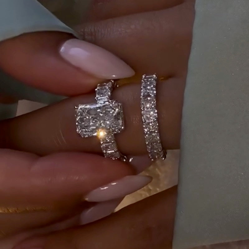 2PC Wedding Set Luxe 5.0Ct/3.5Ct Luxe Radiant Cut Engagement Ring With Radiant Cut Wedding Band