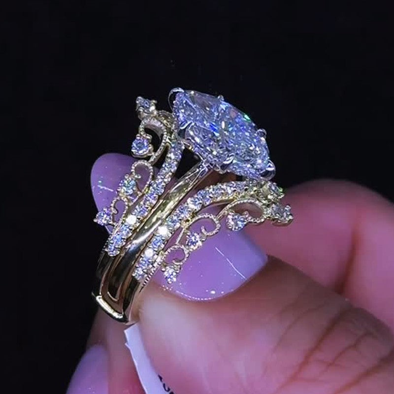4.0Ct Marquise Insert Wedding Ring Set With Vintage Engagement Ring Enhancer
