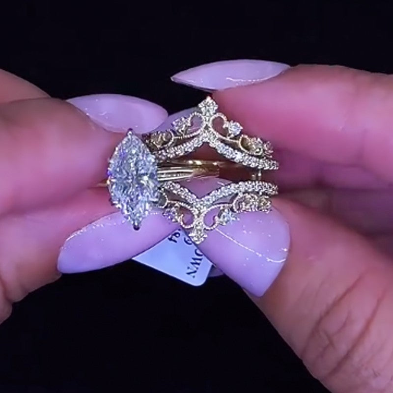 4.0Ct Marquise Insert Wedding Ring Set With Vintage Engagement Ring Enhancer