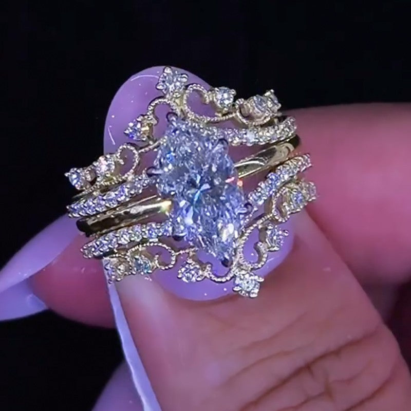 4.0Ct Marquise Insert Wedding Ring Set With Vintage Engagement Ring Enhancer