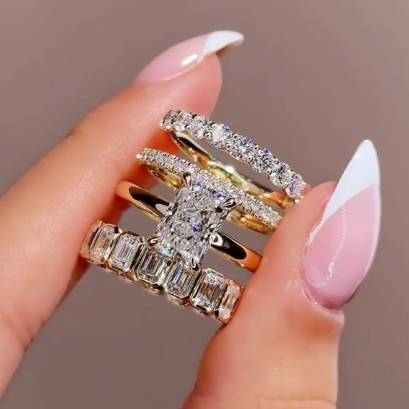 4PC Wedding Ring Set Radiant Cut Simulated Diamond Engagement Ring With Classic Wedding Band