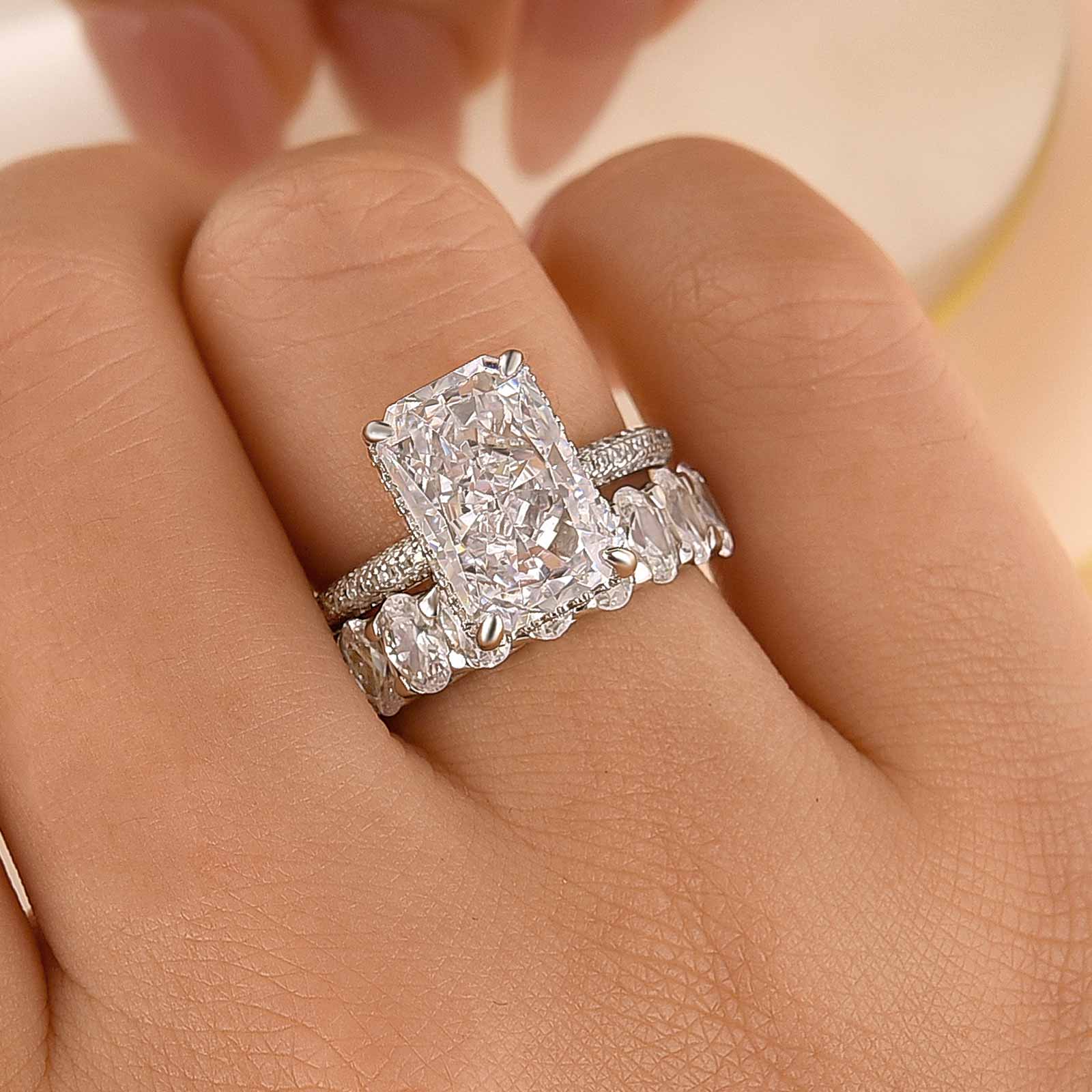 Luxurious 5.0Ct Elongated Radiant Cut Wedding Ring Set Travel Ring With Oval Cut Wedding Band