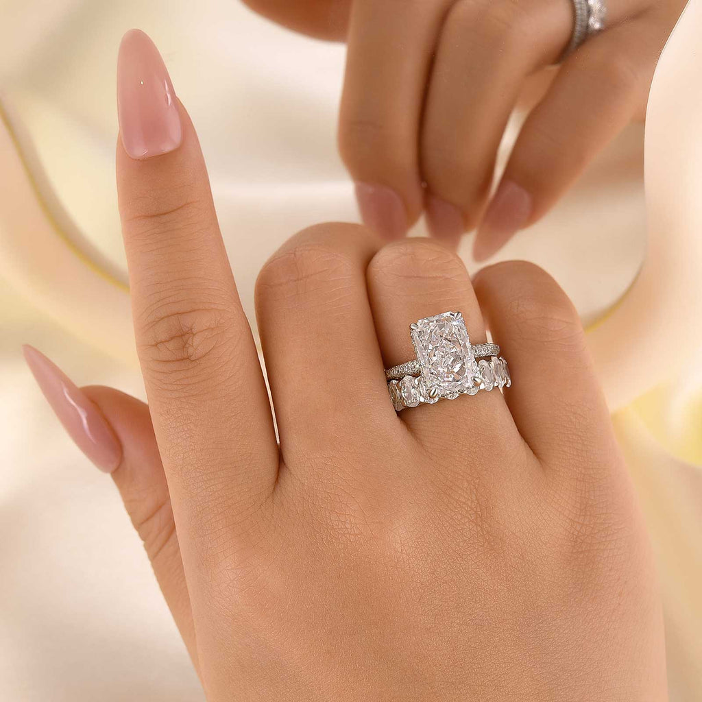 Luxurious 5.0Ct Elongated Radiant Cut Wedding Ring Set Travel Ring With Oval Cut Wedding Band