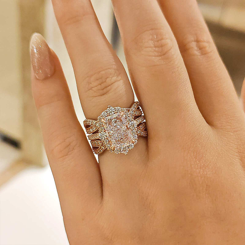 Vintage 3.5 Carat Halo Radiant Cut Insert Wedding Ring Set Travel Ring For Women In Sterling Silver