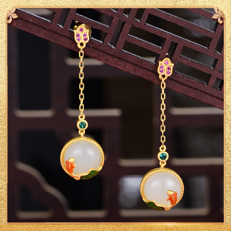 Carps playing with lotus flowers Earrings